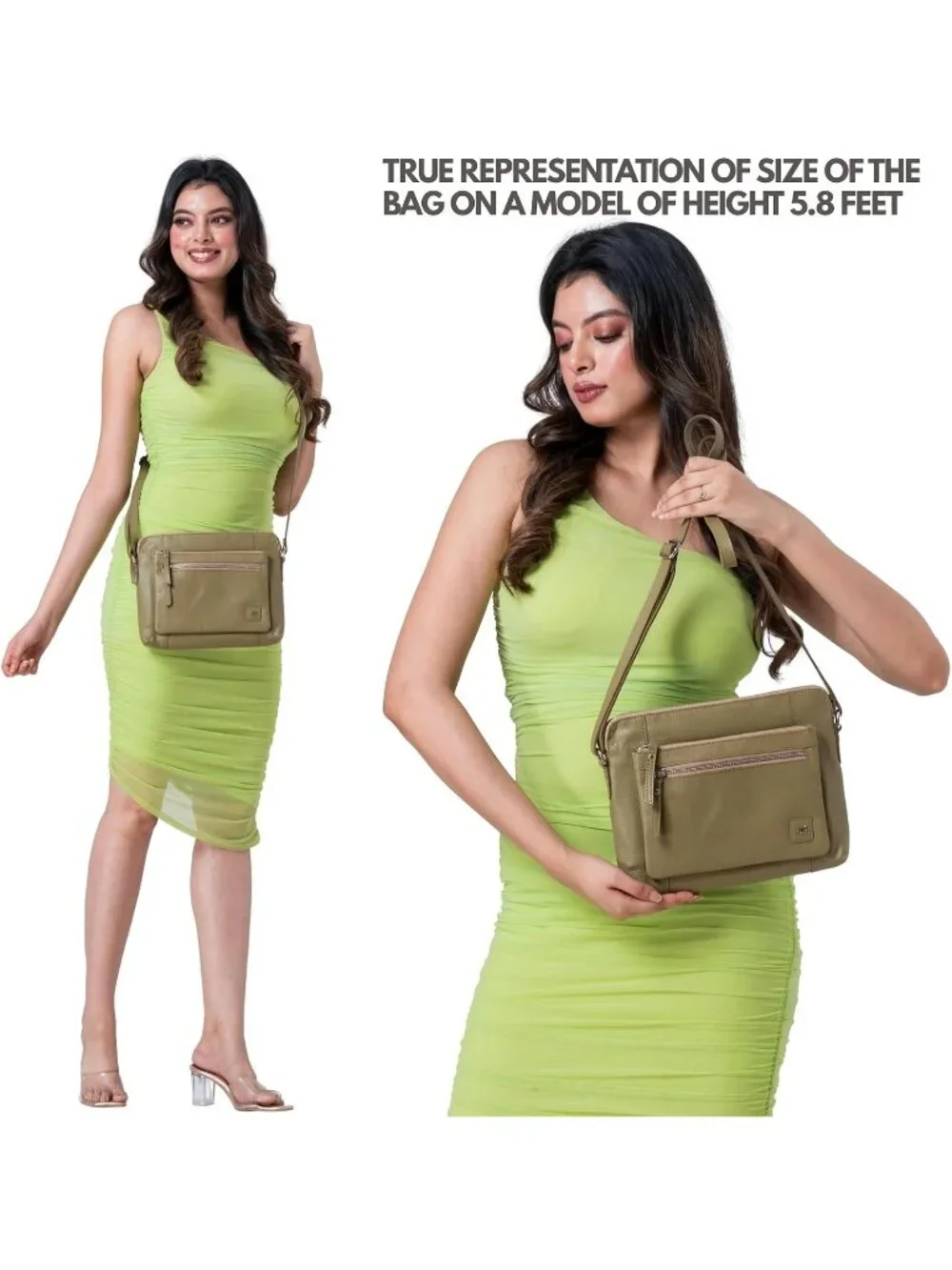 Women's Khaki Genuine Leather Sling Purse with Adjustable Strap Crossbody bag